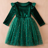 Christmas Green Velvet Long Sleeve Princess Dresses , Baby Girls